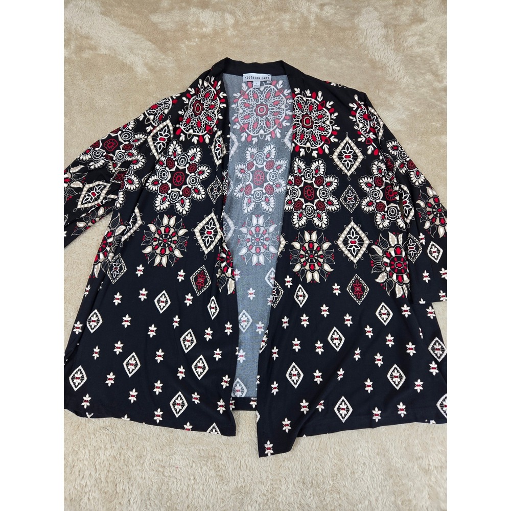 Southern Lady Black Red White Floral Print Open Front Cardigan‎ Kimono Jacket L